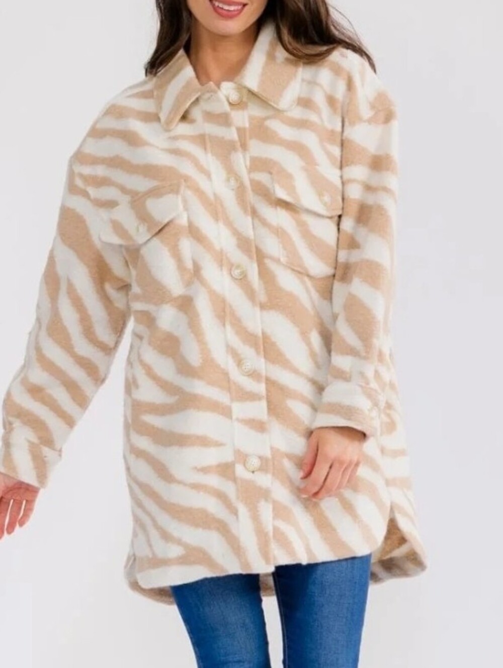 STORIA- Womens  Tan & Cream NWT's  Zebra-Stripe Wool Shacket